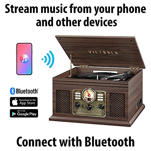 Victrola The Quincy 6-in-1 Bluetooth Record Player & Multimedia Center with Built-in Speakers – 3-Speed Turntable, CD & Cassette Player, AM/FM Radio, Wireless Music Streaming (Natural)