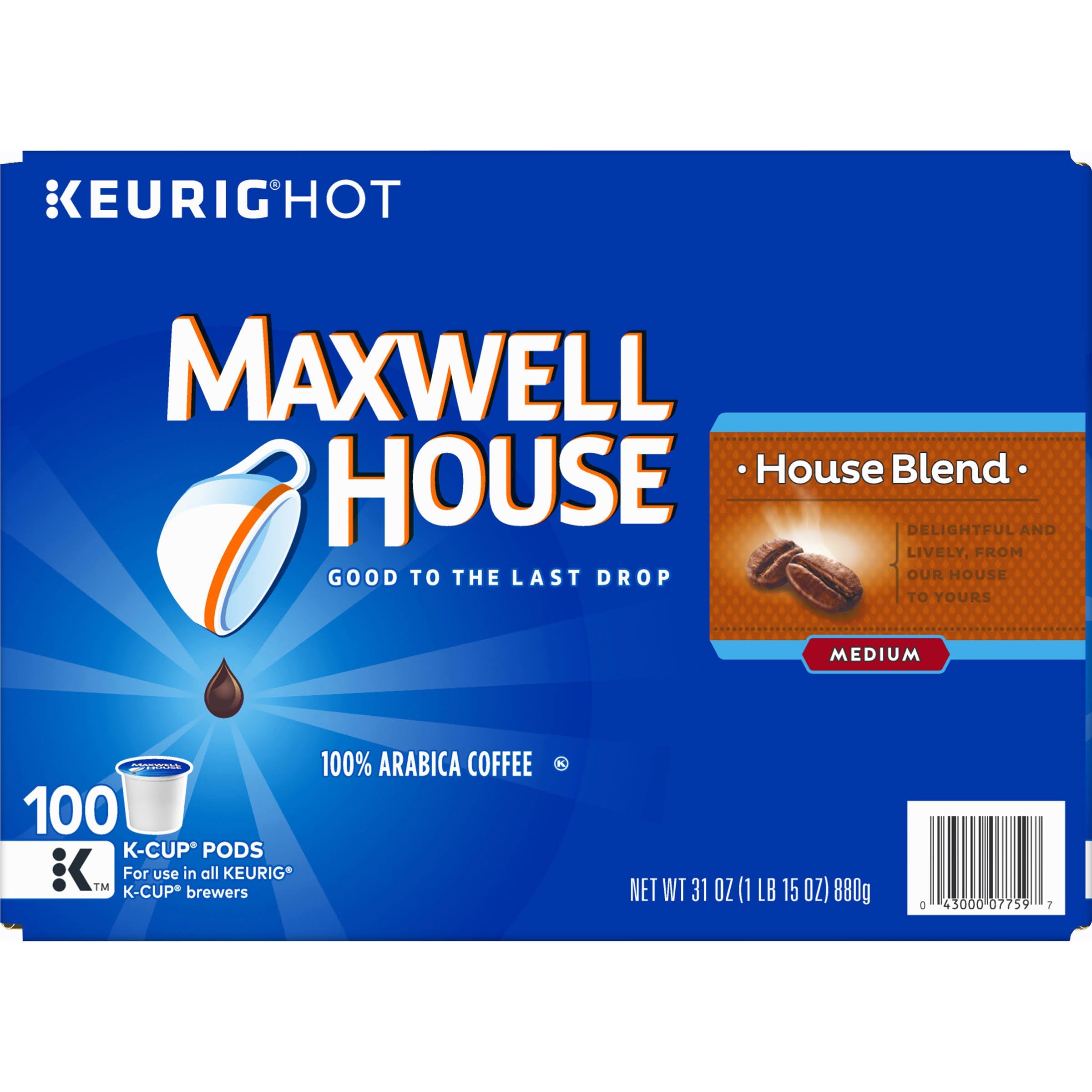 Maxwell House Coffee, 100% Arabica, Medium, House Blend, K-Cup Pods - 100 pods, 31 oz