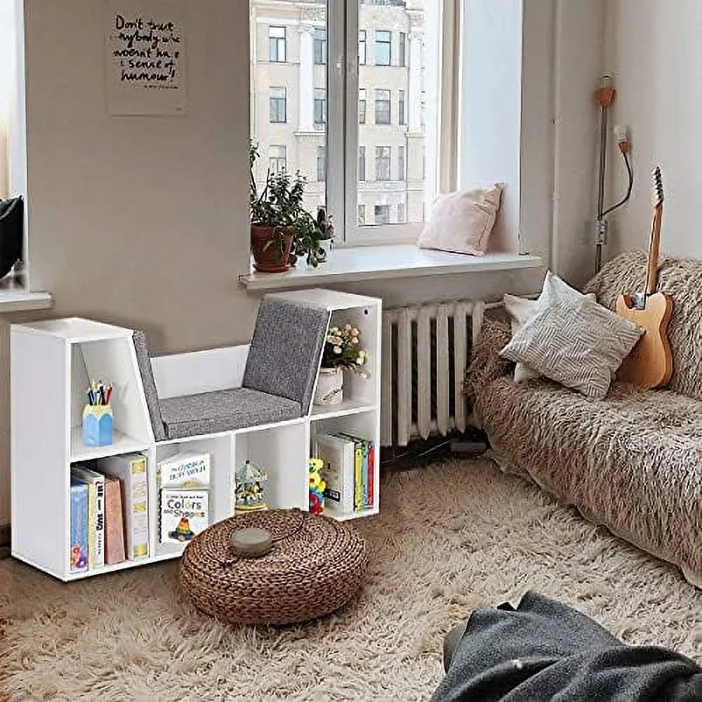 HJZBNONE 6-Cubby  Bookcase w/Cushioned Reading Nook  Multi Purpose  Organizer Cabinet  with Soft Cushion and Thick Wood Board for Children Girls & Boys Bedroom Decor Room (Modern Whit