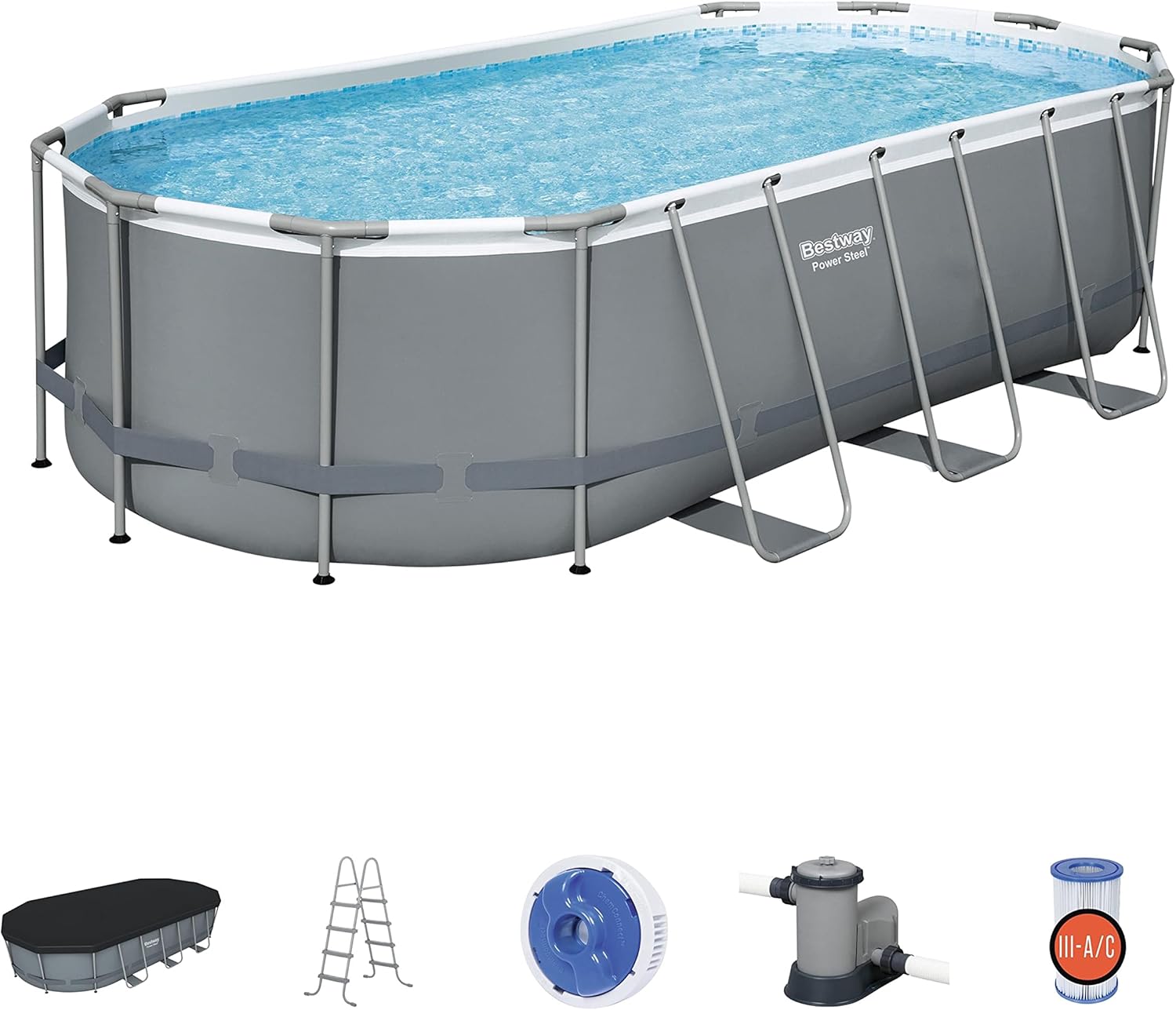 Bestway 56655E Power Steel 16ft x 10ft x 42in Outdoor Oval Frame Above Ground Swimming Pool Set with 1000 GPH Cartridge Filter Pump, Ladder, and Cover