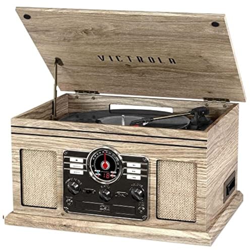Victrola The Quincy 6-in-1 Bluetooth Record Player & Multimedia Center with Built-in Speakers – 3-Speed Turntable, CD & Cassette Player, AM/FM Radio, Wireless Music Streaming (Natural)