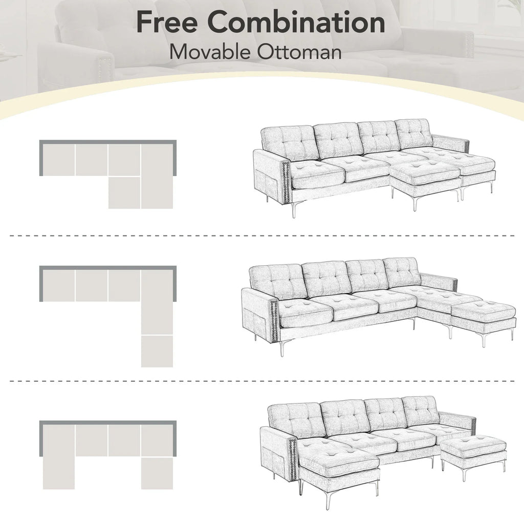 Soges U-Shaped Sectional Sofa with Ottoman, Convertible Couch for Living Room, 5 Seater Sofa, Gray, 110x54