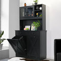 Arlopu Kitchen Pantry Storage Cabinet, Wooden Double Tilt Out Trash Cabinet Freestanding Garbage Bin Holder Recycling Cabinet with Drawers, Shelves