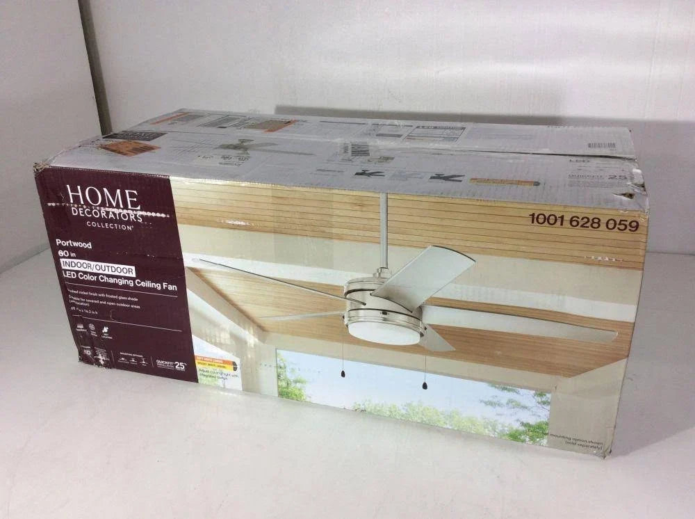 Home Decorators Portwood 60 in LED Indoor/Outdoor Brushed Nickel Ceiling Fan