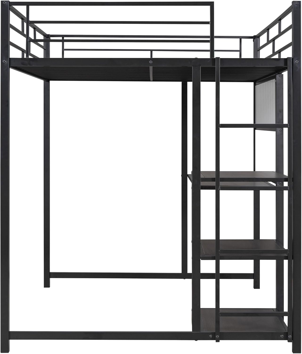 Full Size Metal Loft Bed with Desk, Whiteboard and 3-layer Shelves, Heavy Duty Loftbed w/Storage and Built-in Ladder, for Kids Teens Bedroom Dorm, Black