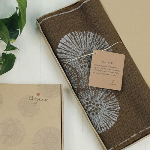 Cheyenne Burlap Linen Table Runner – Hand Printed – 100% Linen –Fringed Edge- Prewashed, Pre-shrunk, and Machine Washable – Chocolate Brown (14X36, White Dandelion)