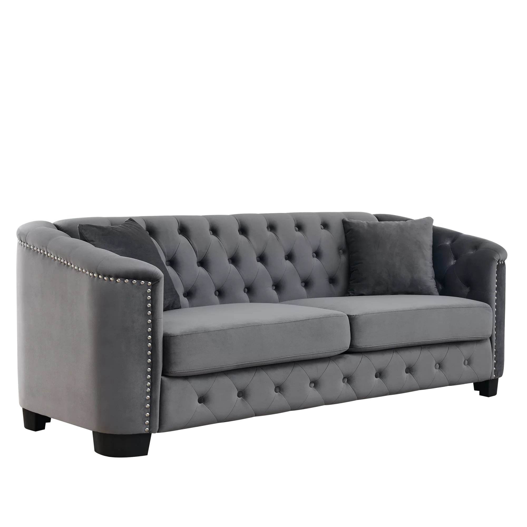 77-Inch Modern Chesterfield Velvet Sofa, 3-Seater Sofa, Upholstered Tufted Backrests with Nailhead Arms and 2 Cushions for Living Room, Bedroom, Apartment, Office (Grey)