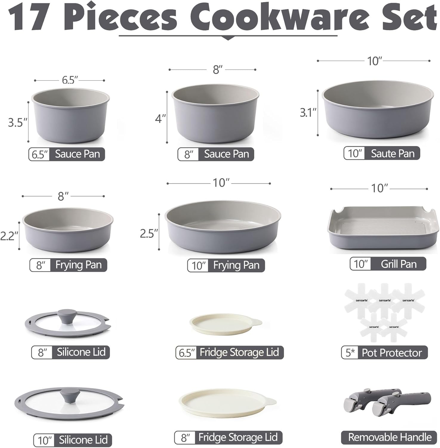 SENSARTE 17 Piece Ceramic Pots and Pans Set, Nonstick Detachable Handle Cookware, Induction Kitchen Cookware Set with Removable Handle, Dishwasher ＆ Oven Safe (Gray)
