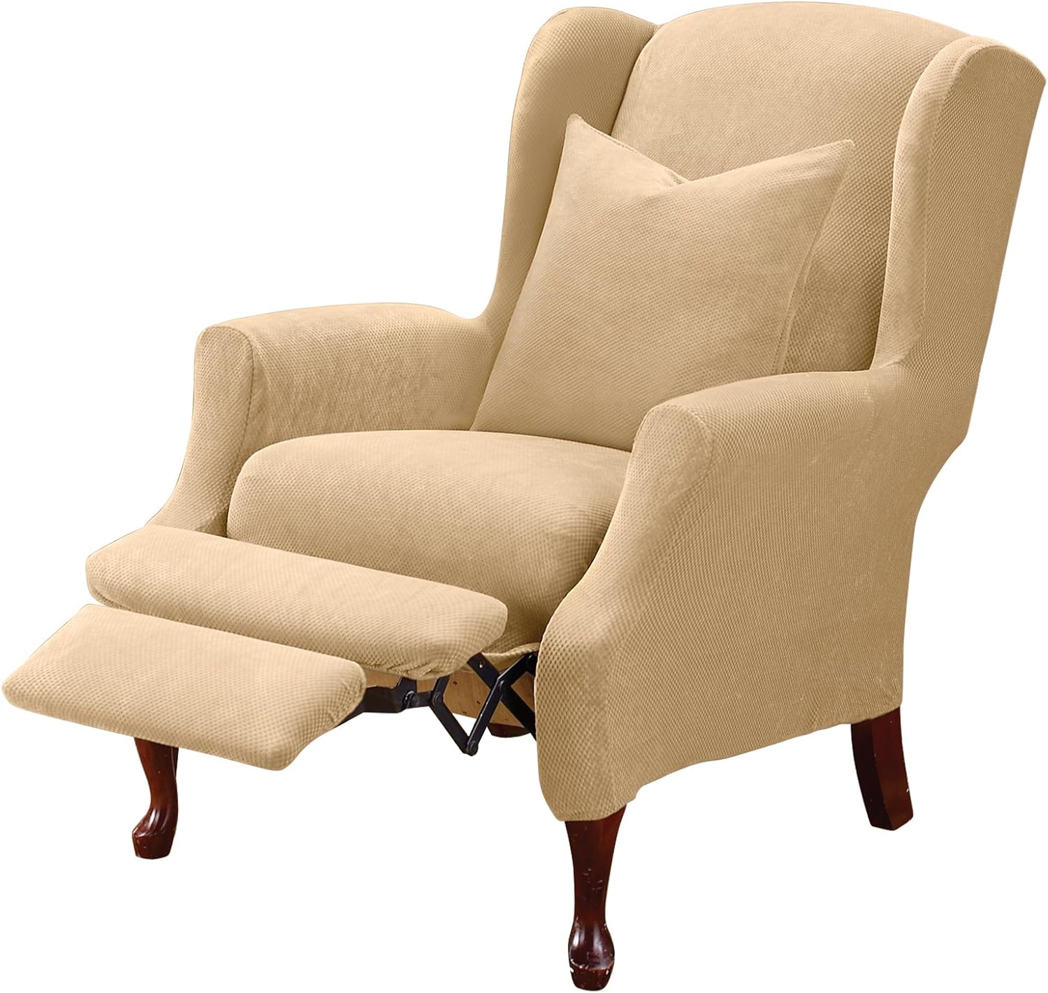 SureFit Home Décor SF38684 Stretch Pique Box Cushion Recliner Wingback Chair Slipcover, Form Fit, Polyester/Spandex, Machine Washable, Two Piece, Cream Color