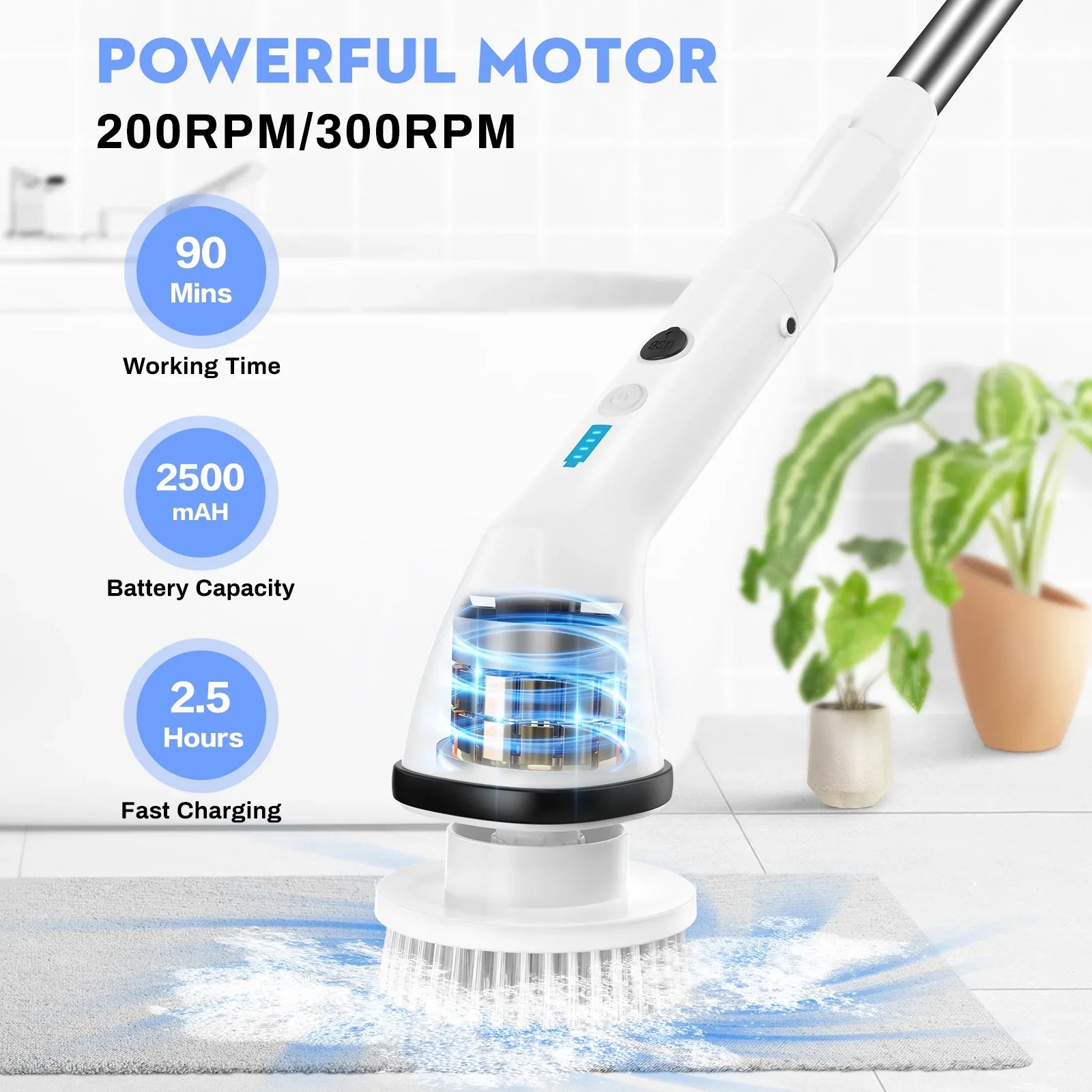 VAVSEA Electric Spin Scrubber,Cleaning Brush for Bathroom,1.5H 300RPM Shower Scrubber Kit for Floor Tile Bathtub,51 inch