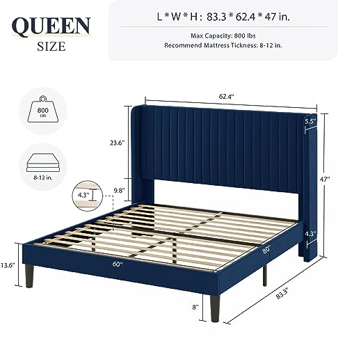 Allewie Queen Size Velvet Bed Frame/Vertical Channel Tufted Wingback Headboard/Upholstered Platform Bed/Strong Wooden Slats/No Box Spring Needed/Easy Assembly/Black