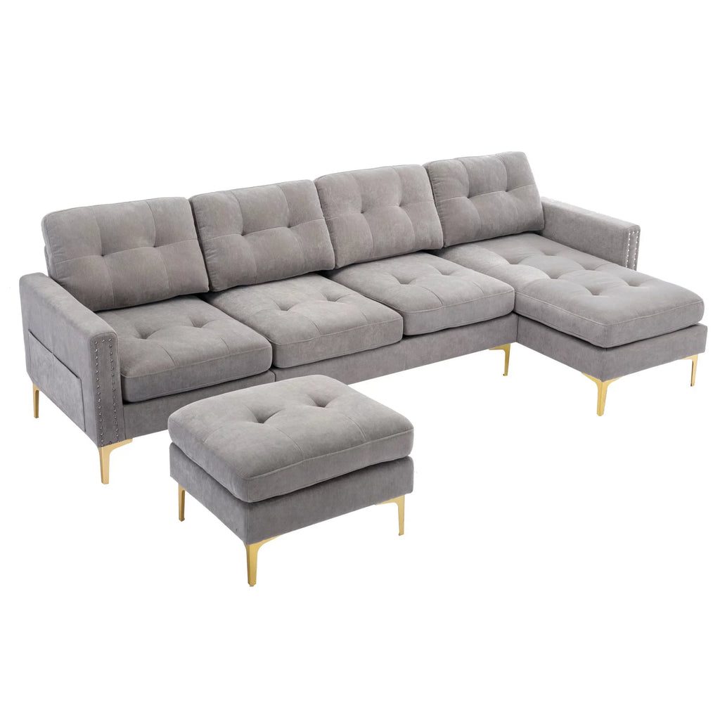 Soges U-Shaped Sectional Sofa with Ottoman, Convertible Couch for Living Room, 5 Seater Sofa, Gray, 110x54