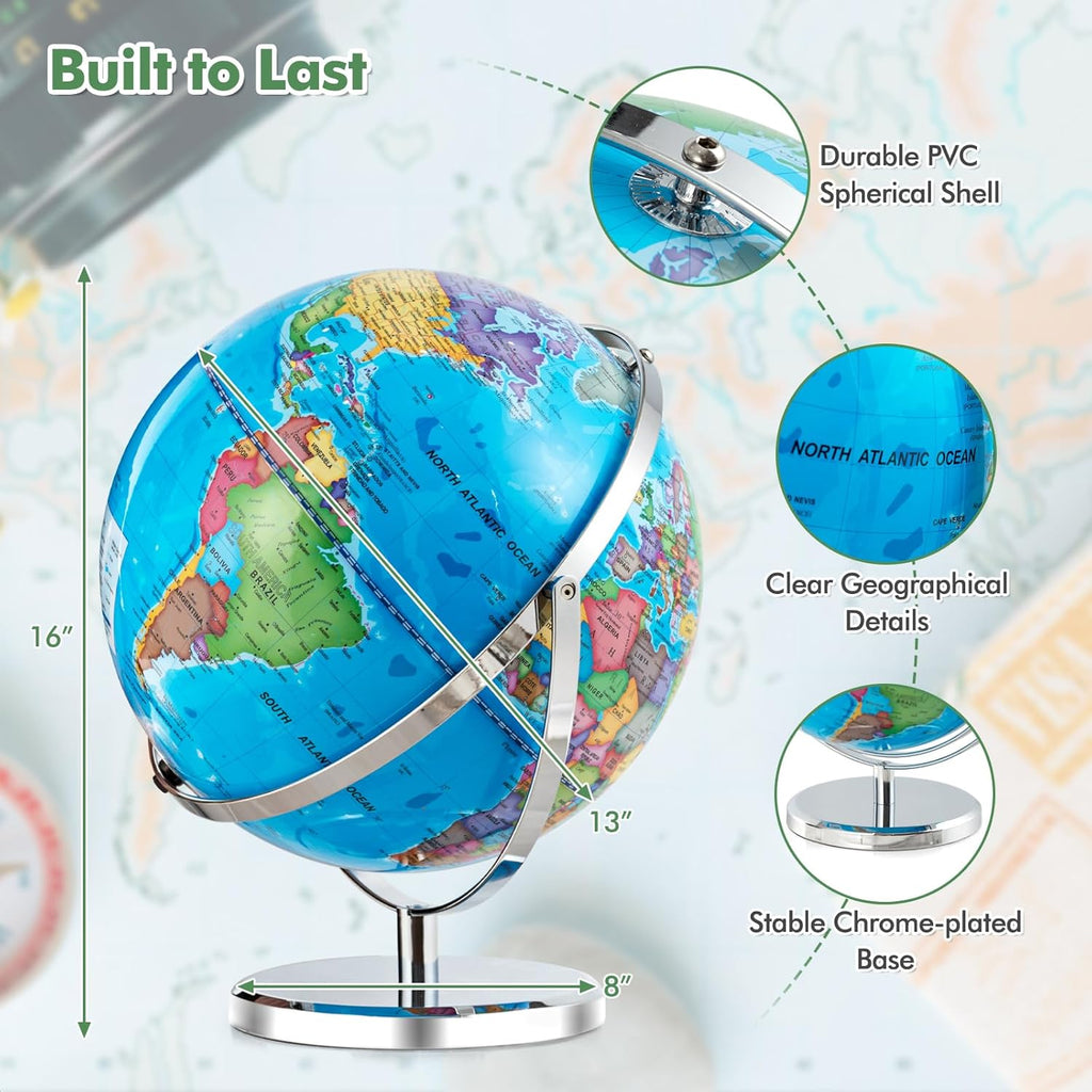 COSTWAY Illuminated World Globe, 13” Desktop Geographic Globe w/LED Light & Easy-to-Read Clear Map for Students, 720° Rotation Decorative Globe, Educational Interactive Globe for School, Classroom