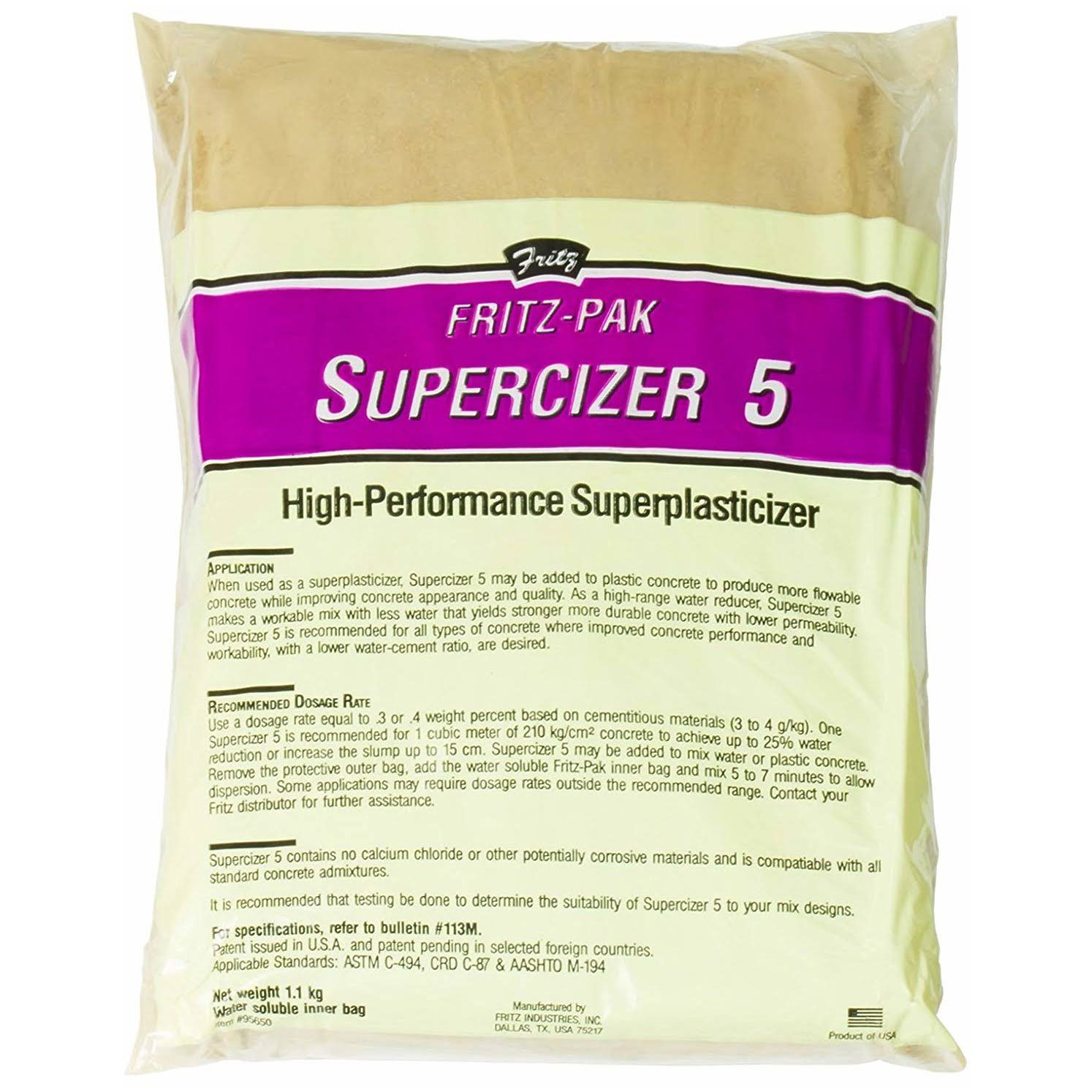 Fritz-pak Concrete Superplasticizer, 2.4lbs. Cement Additive Improves Workability & Strength. Plasticizer Gives 25% Water Reduction or 6' Slump