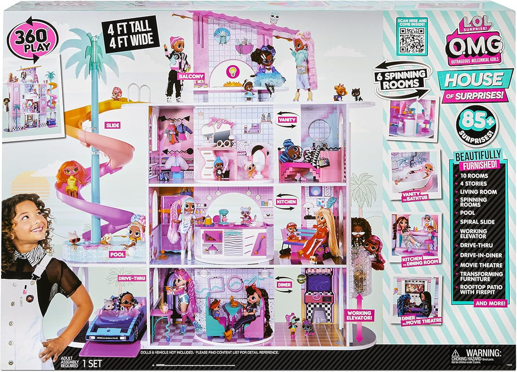 LOL Surprise OMG House of Surprises – New Real Wood Dollhouse with 85+ Surprises, 4 Floors, 10 Rooms, Elevator, Spiral Slide, Pool, Movie Theater Drive Thru, Rooftop- Toy Gift for Girls Ages 4 5 6 7+