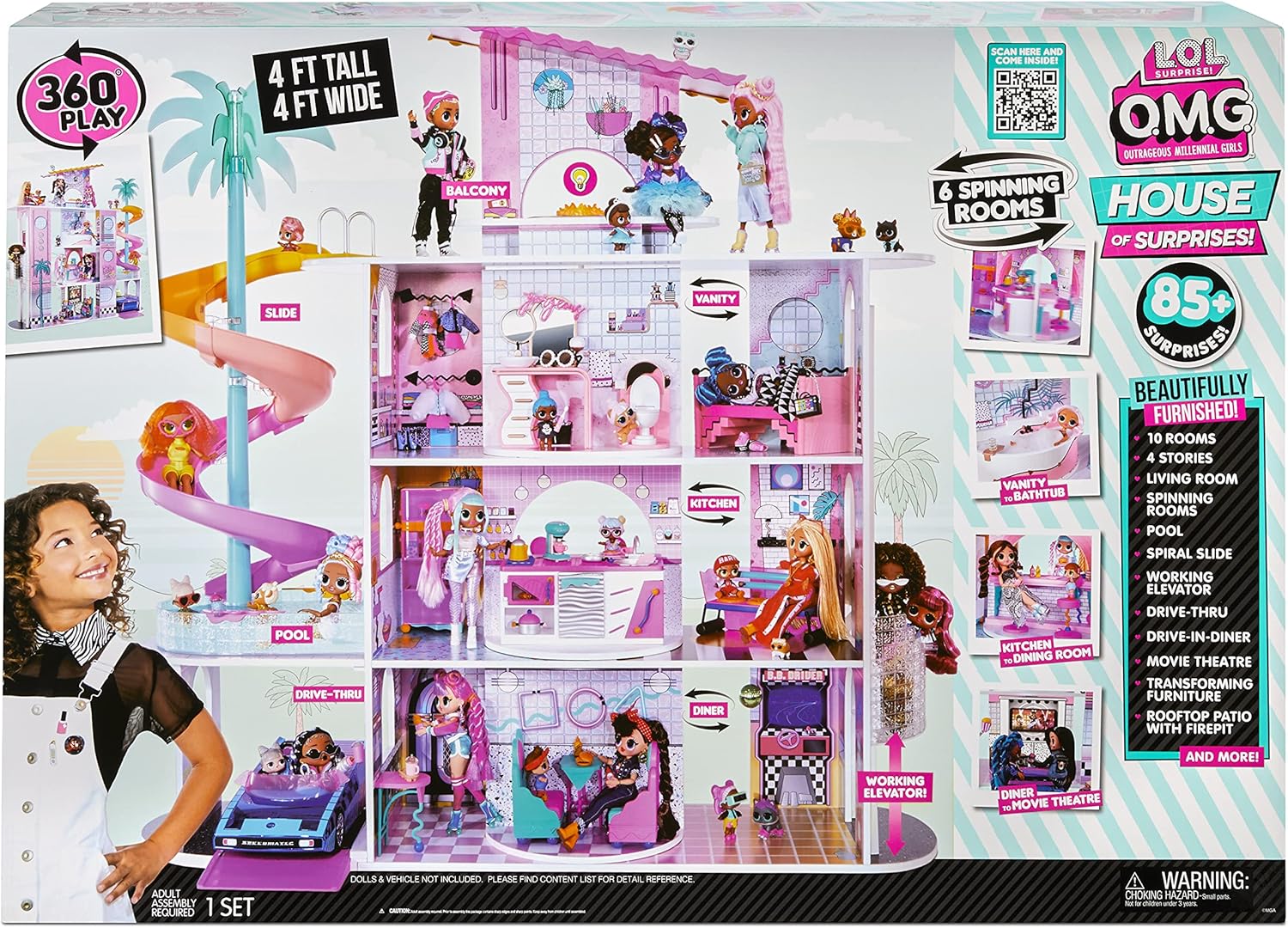 LOL Surprise OMG House of Surprises – New Real Wood Dollhouse with 85+ Surprises, 4 Floors, 10 Rooms, Elevator, Spiral Slide, Pool, Movie Theater Drive Thru, Rooftop- Toy Gift for Girls Ages 4 5 6 7+
