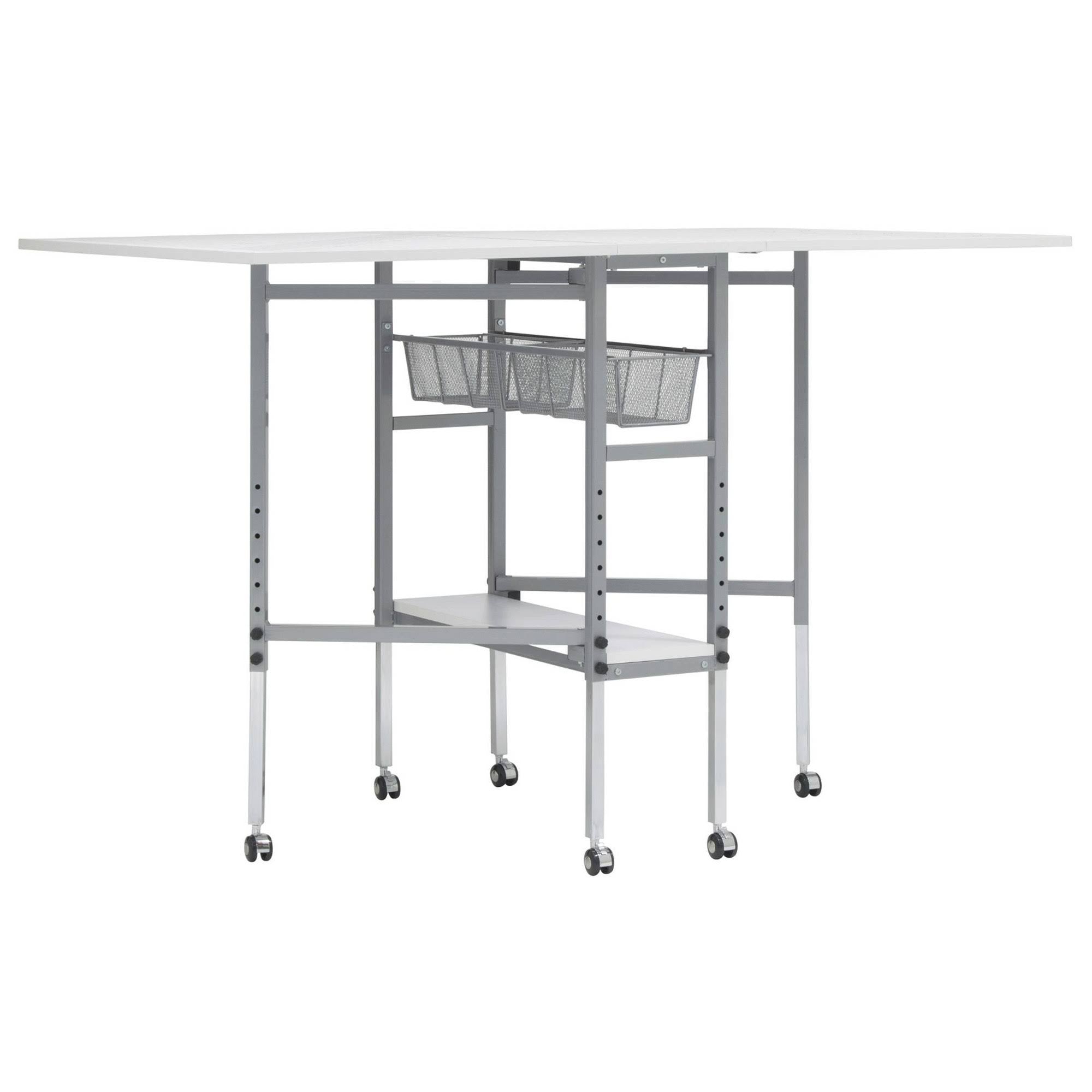Sew Ready Mobile Folding Height Adjustable Quilting Fabric Cutting Table with Sewing Board Grid and Storage in Silver/White Top