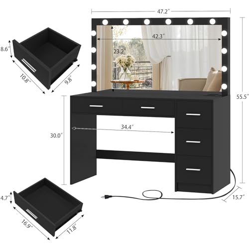 Makeup Vanity Desk with Mirror, 10 Lights, 5 Drawers, 3 Storage Shelves, 3 Color Modes & Adjustable Brightness Dressing Table, 35.4” Desk, Black