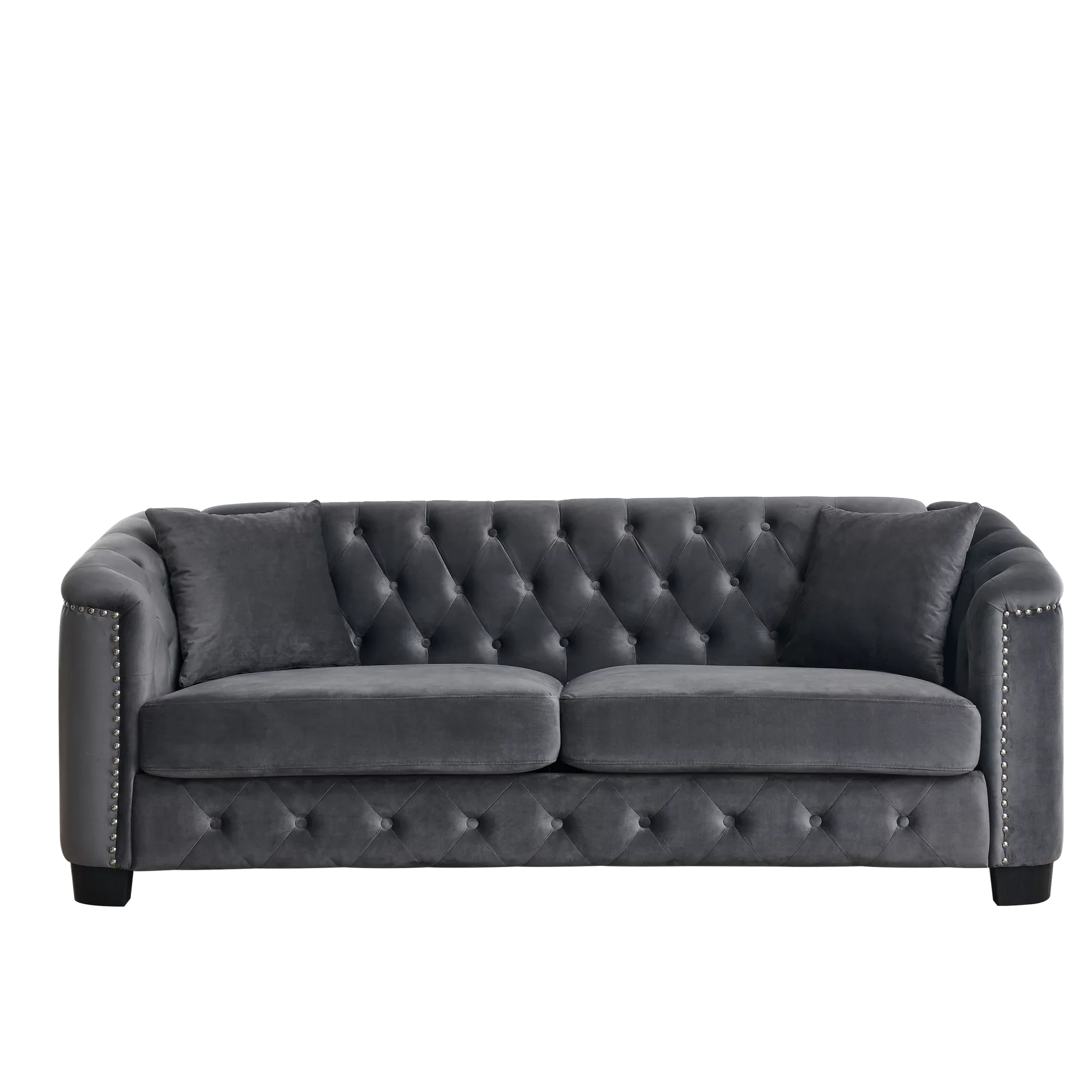 77-Inch Modern Chesterfield Velvet Sofa, 3-Seater Sofa, Upholstered Tufted Backrests with Nailhead Arms and 2 Cushions for Living Room, Bedroom, Apartment, Office (Grey)