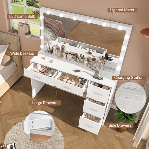 Makeup Vanity Desk with Mirror, 10 Lights, 5 Drawers, 3 Storage Shelves, 3 Color Modes & Adjustable Brightness Dressing Table, 35.4” Desk, Black