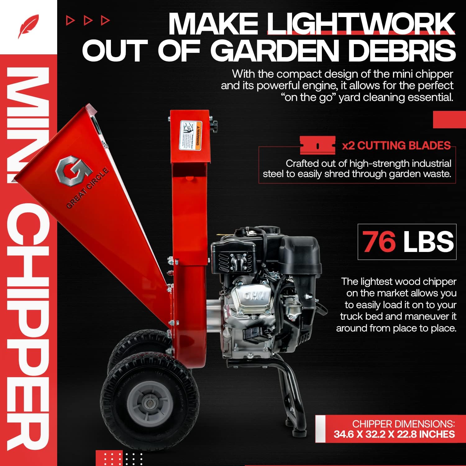 GreatCircleUSA Mini Wood Chipper Shredder Mulcher Ultra Duty 7 HP Gas Powered 3 Inch Max Wood Capacity EPA/CARB Certified Aids in Fire Prevention and Building Firebreaks
