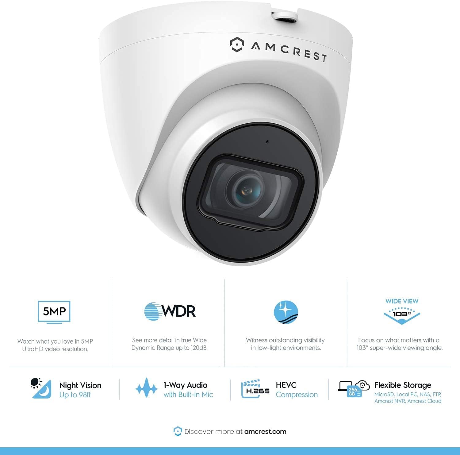Amcrest 5MP Turret POE Camera, UltraHD Outdoor IP Camera POE with Mic/Audio, 5-Megapixel Security Surveillance Cameras, 98ft NightVision, 2.8mm Lens (103° FOV), IP67, MicroSD (256GB), (IP5M-T1179EW)