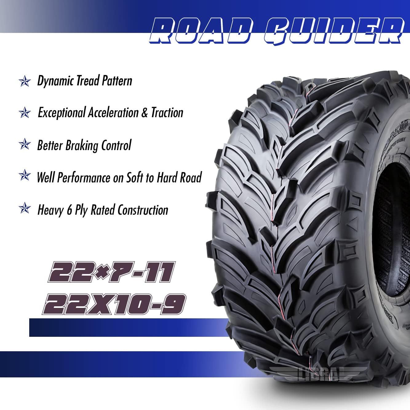 Set 4 Road Guider ATV/UTV Tires 22x7-11 Front & 22x10-9 Rear /6PR 20mm Deep Tread Honda Recon 250 Suzuki Ozark 250