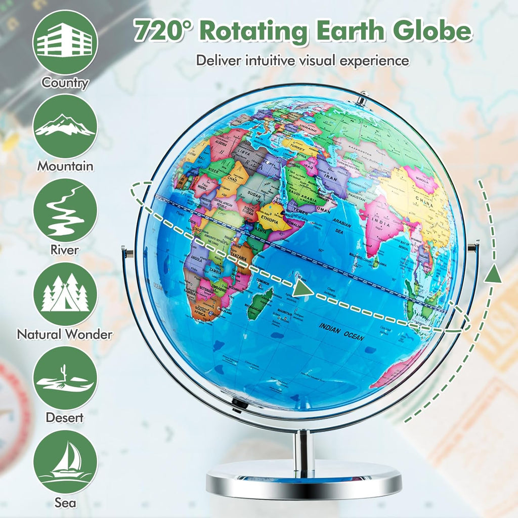 COSTWAY Illuminated World Globe, 13” Desktop Geographic Globe w/LED Light & Easy-to-Read Clear Map for Students, 720° Rotation Decorative Globe, Educational Interactive Globe for School, Classroom