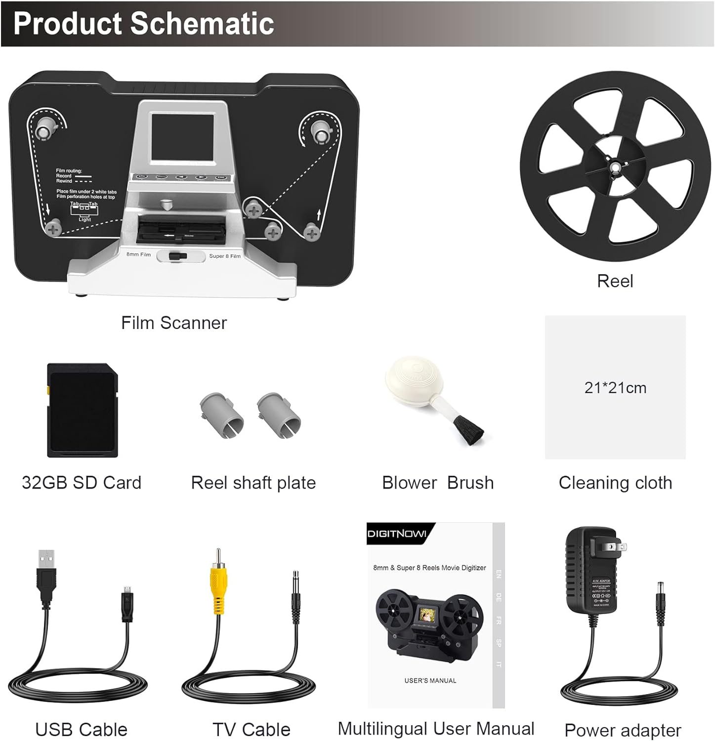 8mm  Super 8 Reels to Digital MovieMaker Film Scanner Converter, Pro Film Digitizer Machine with 2.4 LCD, Silver (Convert 3 inch and 5 inch Film reels into Digital) with 32 GB SD Card