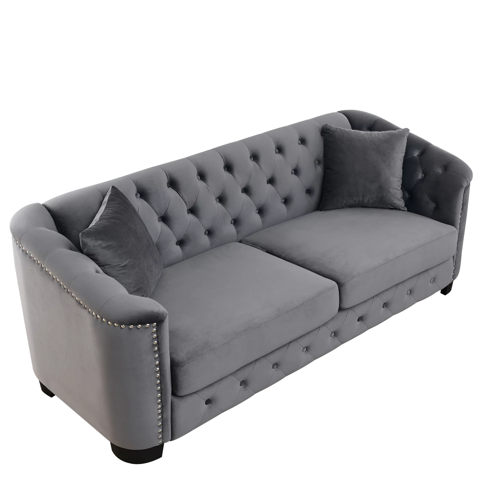 77-Inch Modern Chesterfield Velvet Sofa, 3-Seater Sofa, Upholstered Tufted Backrests with Nailhead Arms and 2 Cushions for Living Room, Bedroom, Apartment, Office (Grey)