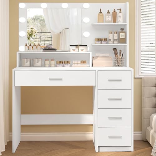 Makeup Vanity Desk with Mirror, 10 Lights, 5 Drawers, 3 Storage Shelves, 3 Color Modes & Adjustable Brightness Dressing Table, 35.4” Desk, Black