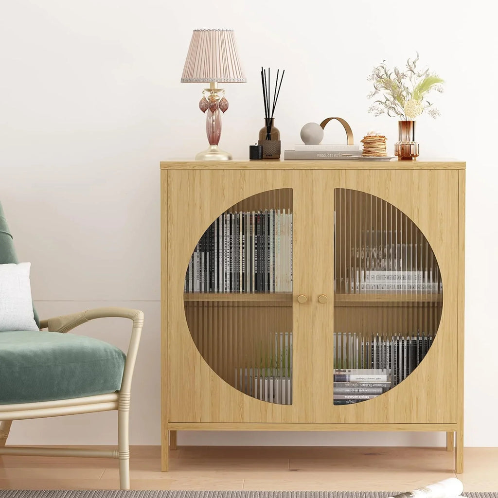 QCAI Sideboard Cabinet,Buffet Cabinet with Storage, Accent Storage Cabinet with Glass Doors, Cupboard Console Table for Living Room, Hallway, Dining Room, Entryway, 31.5X 15.7X 31.5 Inches