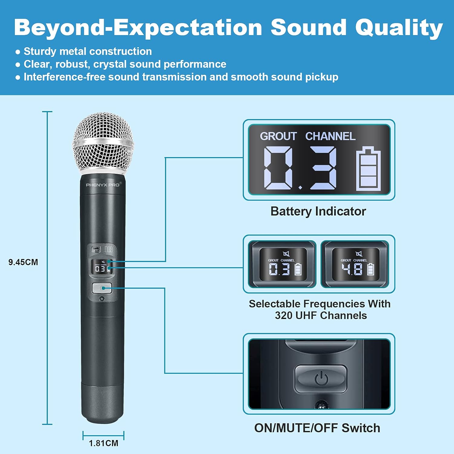 Wireless Microphone System, Phenyx Pro Quad Channel Cordless Mic Set with Metal Handheld Mics, 4x40 Channels, Auto Scan, Long Distance 328ft, Ideal for DJ, Church, Outdoor Events (PTU-7000A)
