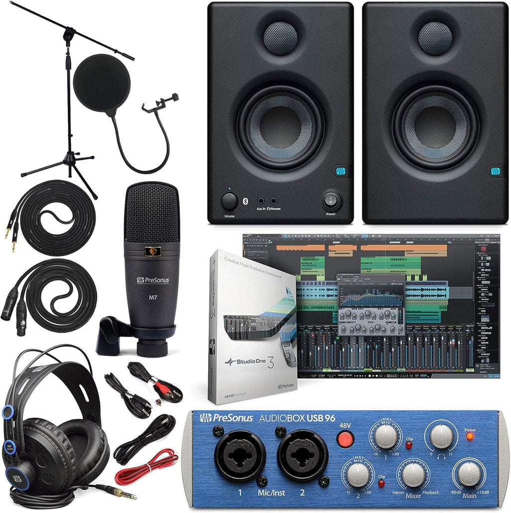 PreSonus AudioBox 96 Audio Interface (May Vary Blue or Black) Full Studio Bundle with Studio One Artist Software Pack with Eris 4.5 BT Pair Studio Bluetooth Monitors and 1/4” Instrument Cable