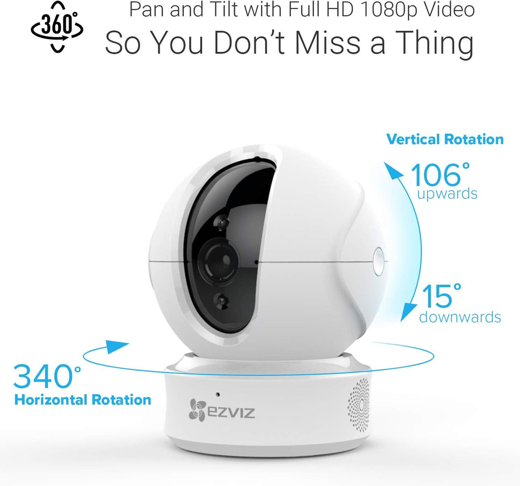 EZVIZ C6CN 1080p Indoor Pan/Tilt WiFi Security Camera, 360° Coverage, Auto Motion Tracking, Two-Way Audio, Clear 30ft Night Vision, Supports MicroSD Card up to 256GB (Sold Seperately), 2.4GHz WiFi