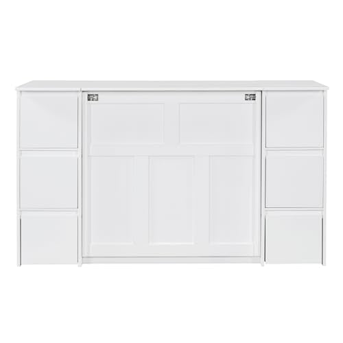 Twin Size Murphy Beds with Charging Station and Storage Drawers, Wood Cabinet Bed Frame, Wall Bed with Outlet & USB Ports for Home Office Studio, White