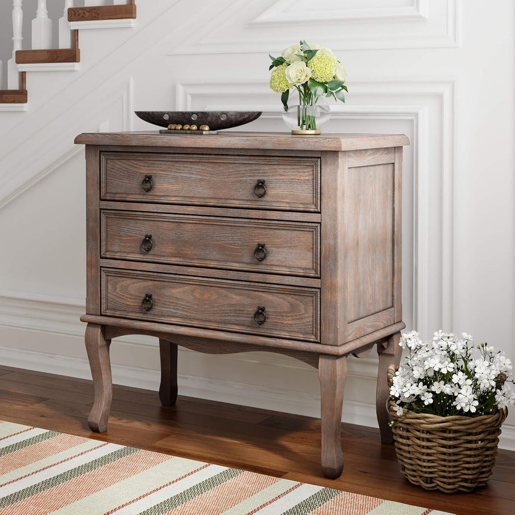 ClickDecor Thomas Antique Country Style Dresser Chest with 3 Drawers, Weathered Wood Nightstand Living Room Accent Furniture, Black Ring Handle, Curved Legs, Gray