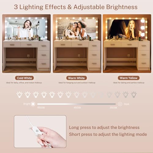 Makeup Vanity Desk with Mirror, 10 Lights, 5 Drawers, 3 Storage Shelves, 3 Color Modes & Adjustable Brightness Dressing Table, 35.4” Desk, Black