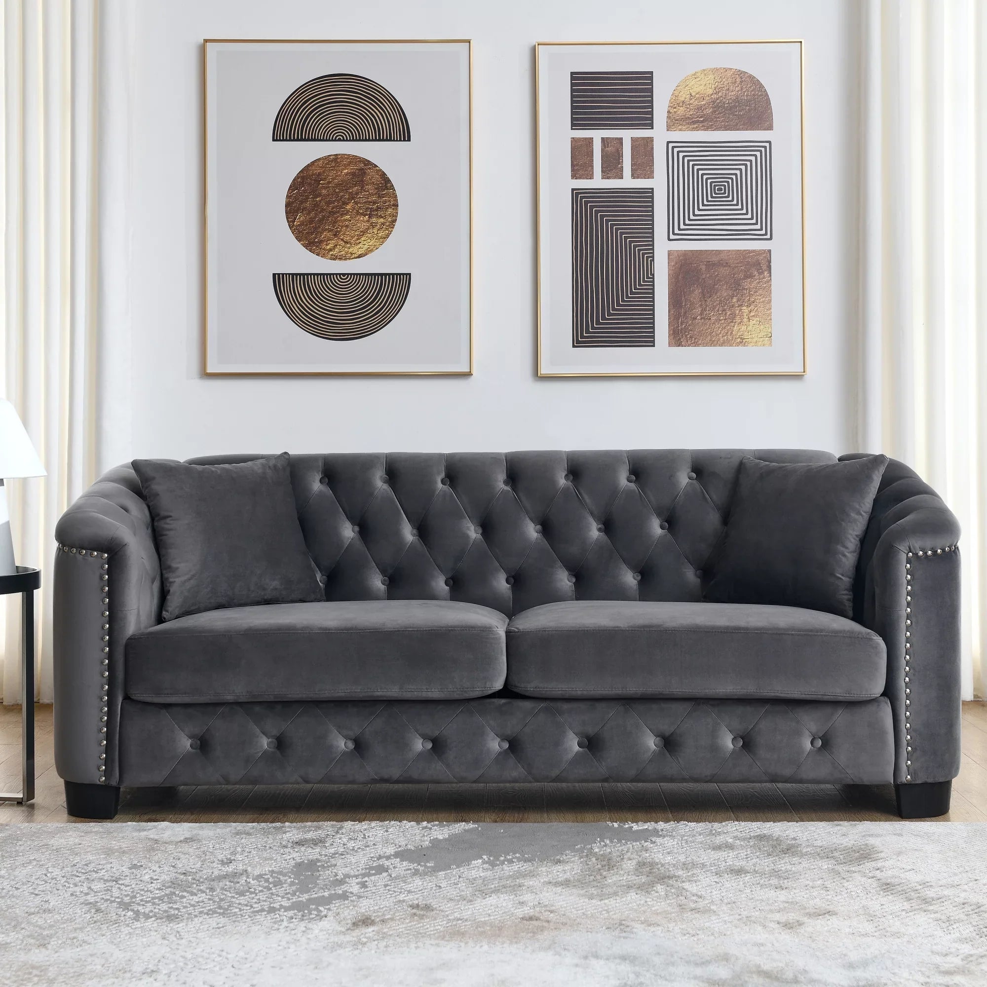 77-Inch Modern Chesterfield Velvet Sofa, 3-Seater Sofa, Upholstered Tufted Backrests with Nailhead Arms and 2 Cushions for Living Room, Bedroom, Apartment, Office (Grey)