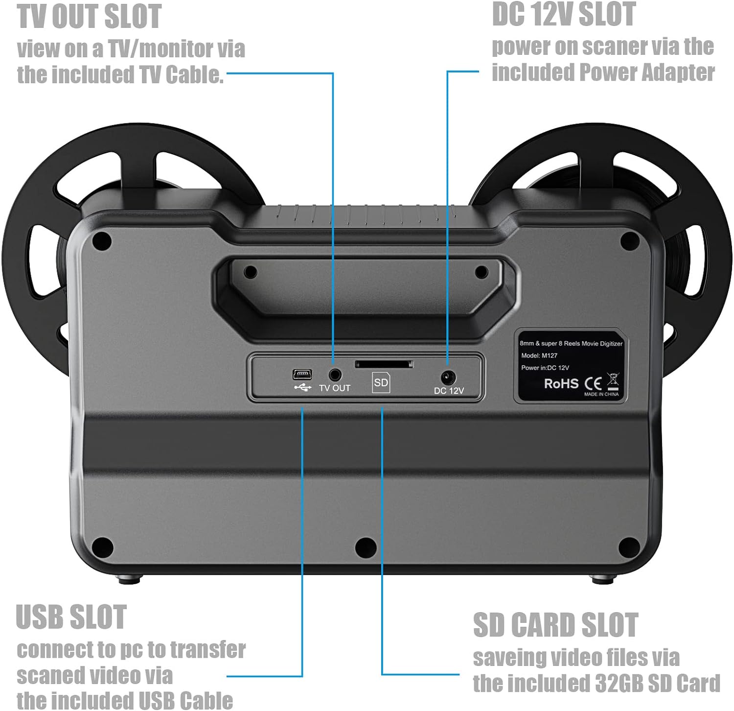 8mm  Super 8 Reels to Digital MovieMaker Film Scanner Converter, Pro Film Digitizer Machine with 2.4 LCD, Silver (Convert 3 inch and 5 inch Film reels into Digital) with 32 GB SD Card