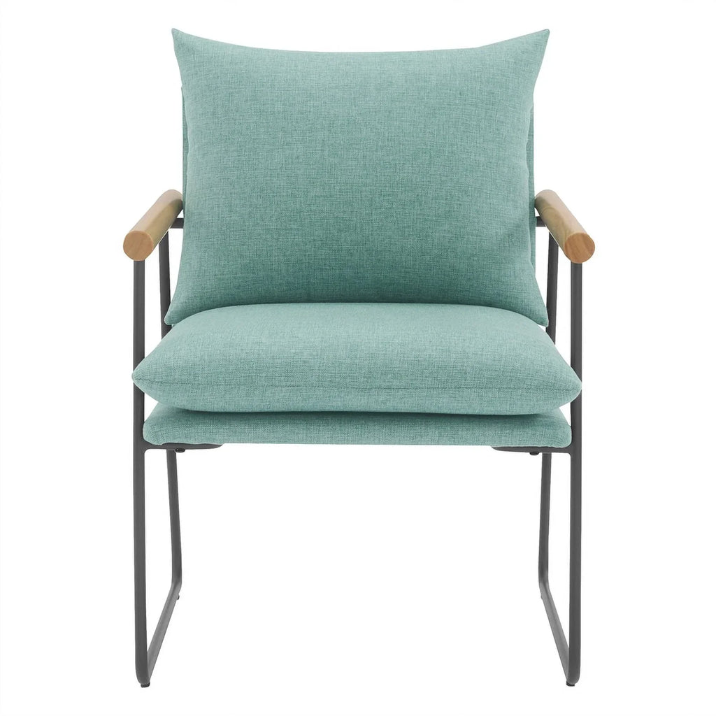Dutton Armchair in Sage Green Fabric with Natural Arms and Black Sled Base