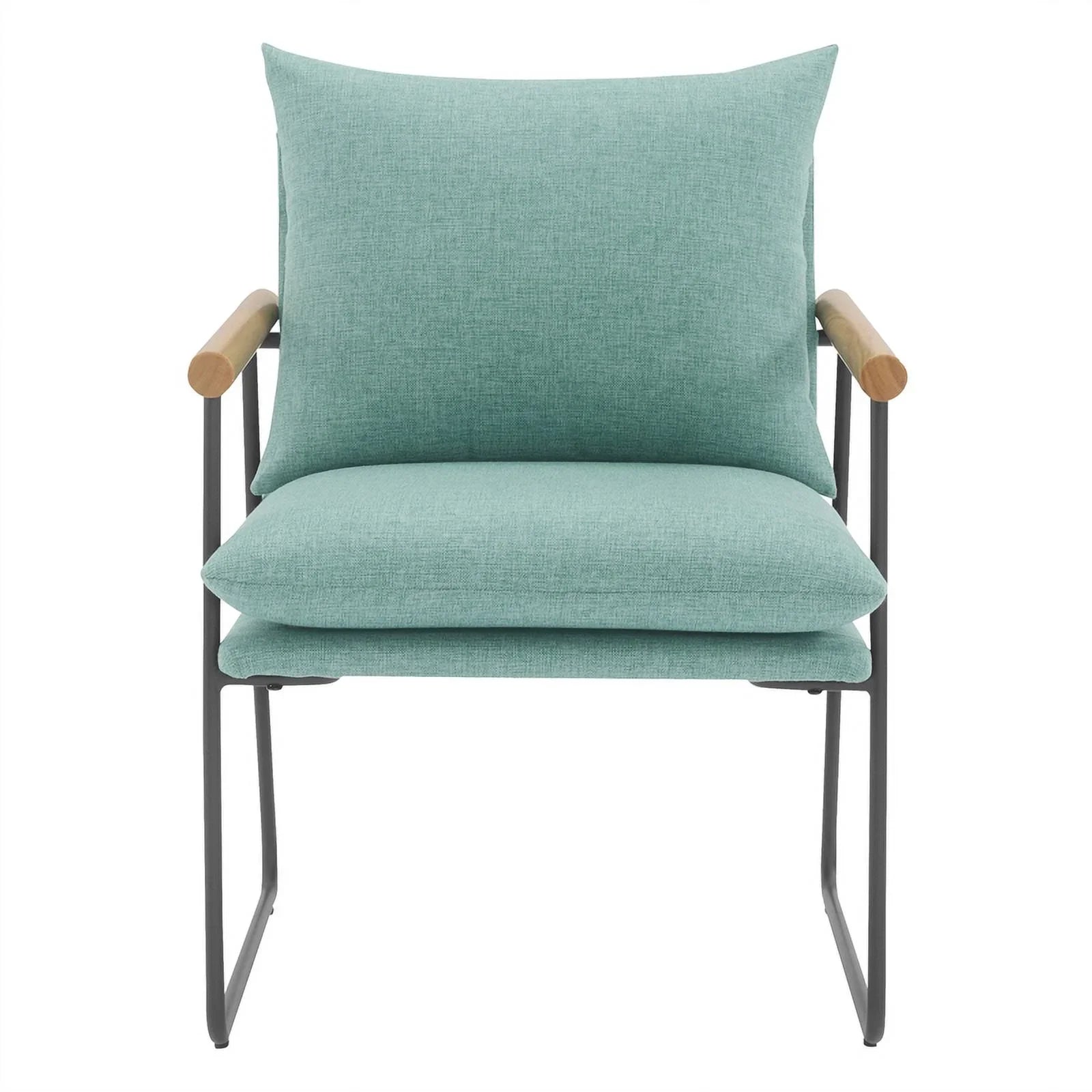 Dutton Armchair in Sage Green Fabric with Natural Arms and Black Sled Base