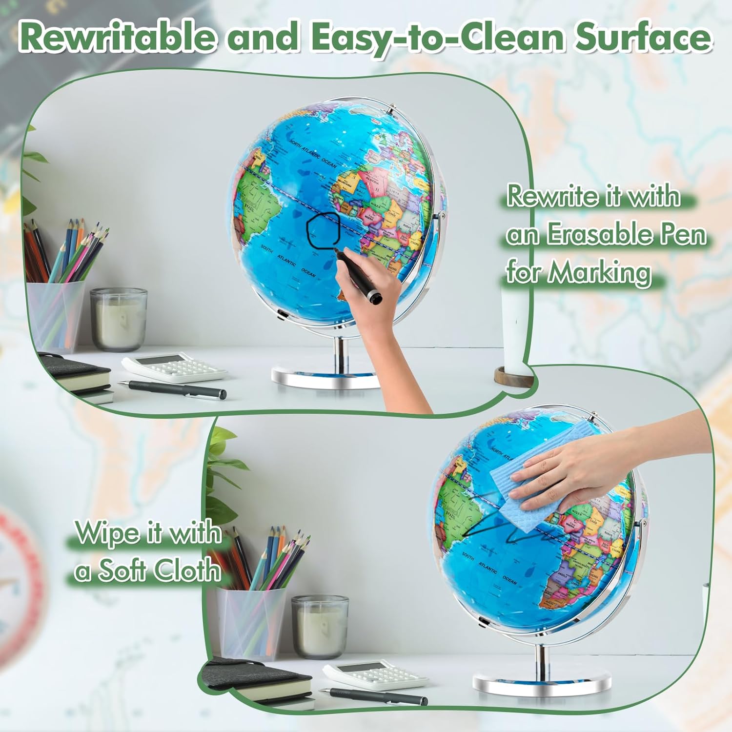 COSTWAY Illuminated World Globe, 13” Desktop Geographic Globe w/LED Light & Easy-to-Read Clear Map for Students, 720° Rotation Decorative Globe, Educational Interactive Globe for School, Classroom