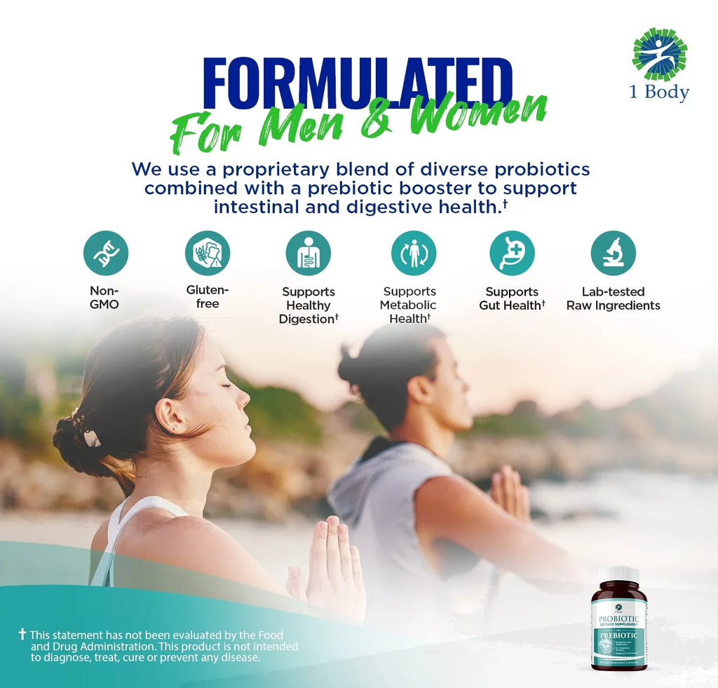 (2 bottles) 1 Body Probiotic 30 Billion CFU Supplement with Prebiotics with 120 Acid Resistant Vegan Capsules to Promote Gut Health & Support Immune System for Men and Women