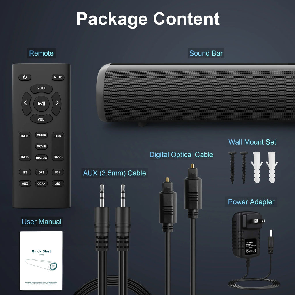 Sound Bar for TV, Bluetooth 5.0/HDMI-ARC/Optical/AUX/Coaxial/USB Wired & Wireless Connection Soundbar, Surround Sound System Smart TV Sound Bar with Built-in Subwoofers, Remote Control