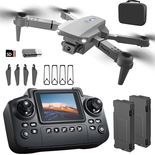 E88 Drone with Screen Controller with SD card, Foldable Mini Drone for Beginners, 2 Batteries, 360° Flips Waypoint Fly, Active Obstacle Avoidance, One Key Take Off/Landing. (2 batteries - Black)