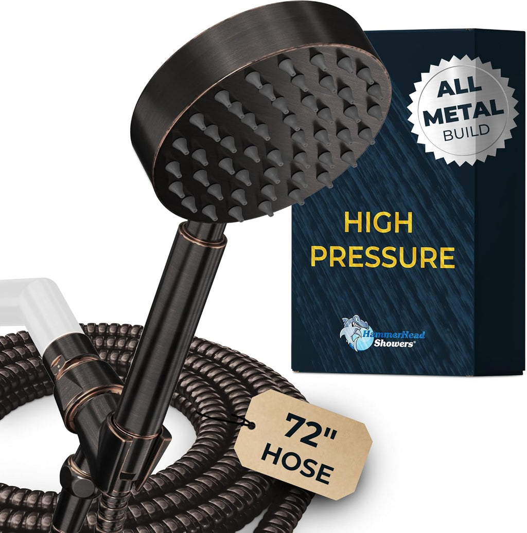 HammerHead Showers® Solid Metal LOW FLOW Handheld Shower Head with Hose and Brass Holder - OIL RUBBED BRONZE – Water Saving 1.75 GPM Detachable Shower Head - Adjustable Shower Wand Bracket & 6ft Hose