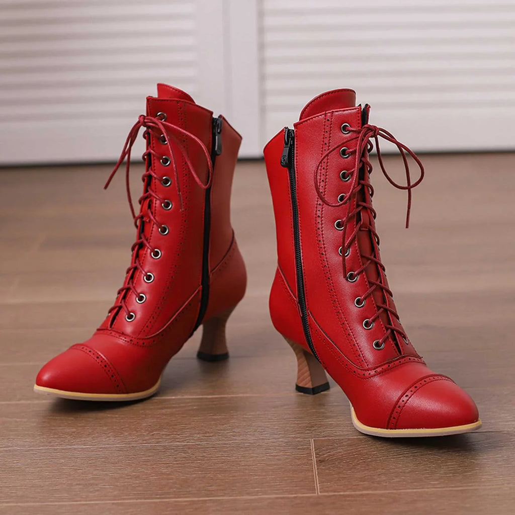PMUYBHF Female Women Sandals and Slides Lace up British Boots Wine Glasses and Round Headed Solid Color Large Women's Short Boots Red 38