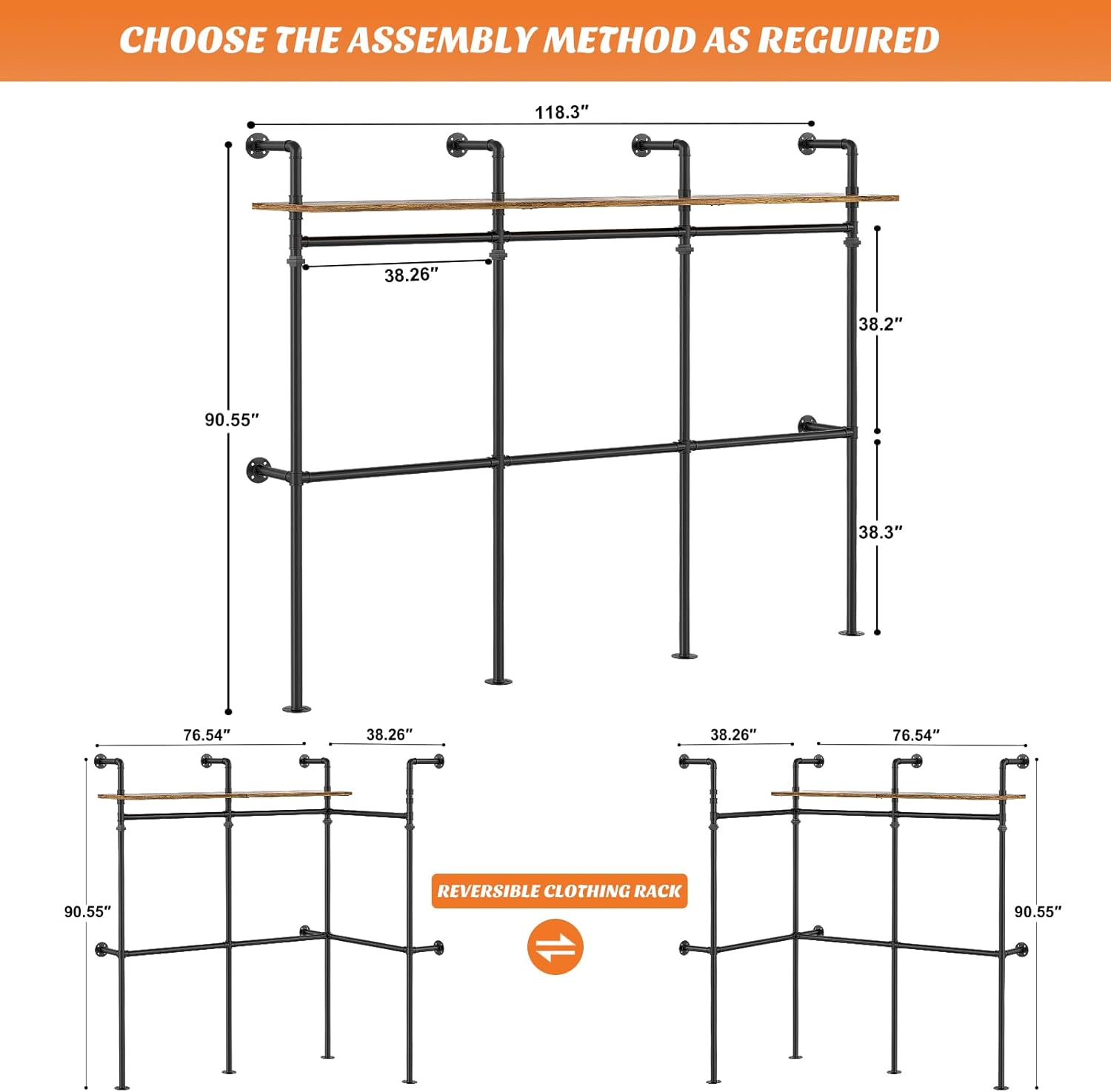 Aheaplus Industrial Pipe Clothing Rack, Reversible 79.7'' Clothes Rack for Hanging Clothes, Heavy Duty Garment Racks Closet Wardrobe with LED Lights& Shelves, Walk-in Closet System, Black