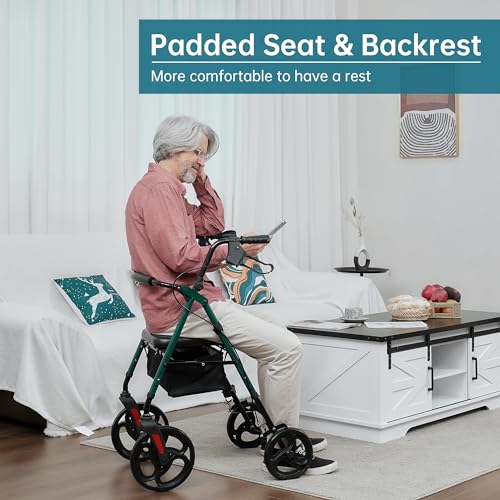 ELENKER Rollator Walker with 10” Wheels, Sponge Padded Seat and Backrest, Fully Adjustment Frame for Seniors, Green